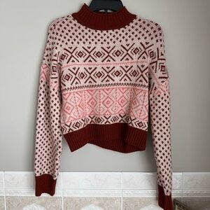 American Eagle Red and Pink Mock Neck Fair Isle Sweater
